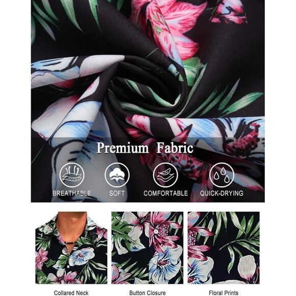 Mens Black & Pink  Hawaiian Shirts Short Sleeve Floral Button Down Shirt - Picture 5 of 7